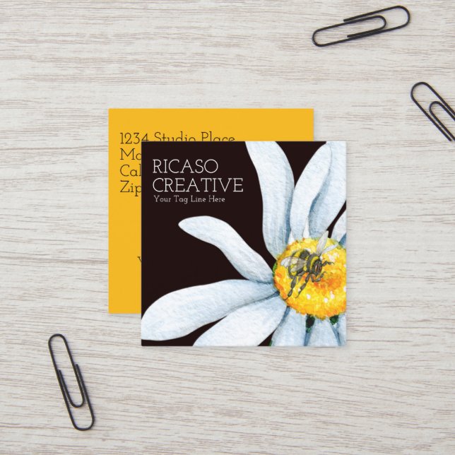 Bee on Flower Custom Personalised Watercolor Square Business Card (Front/Back In Situ)