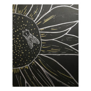Bee on flower fine line drawing poster