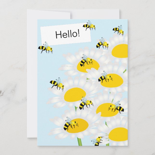Bee on Flower Flat Greeting Card - Blue Background (Front)