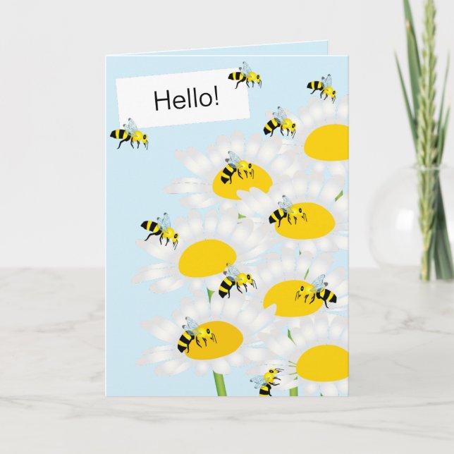 Bee on Flower Greeting Card - Blue Background (Front)