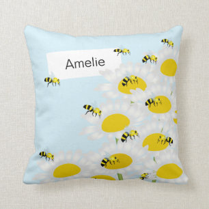 Bee on Flower Pillow - Blue Background