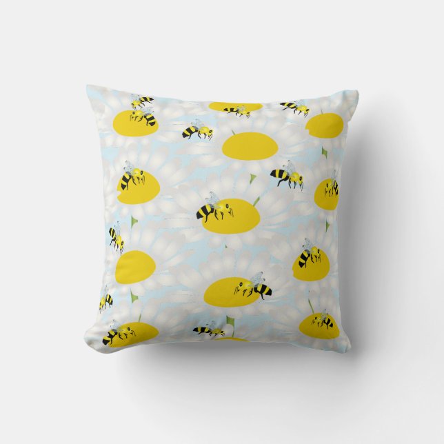 Bee on Flower Pillow - Blue Background (Front)