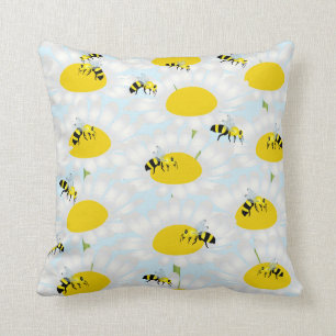 Bee on Flower Pillow - Blue Background