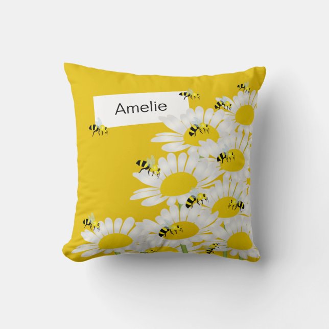 Bee on Flower Pillow - Yellow Background (Front)