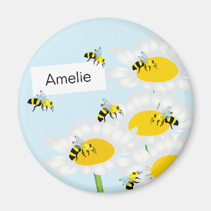 Bee on Flower Round Magnet - Blue Background