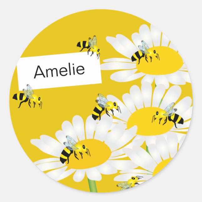 Bee on Flower Round Sticker - Yellow Background (Front)