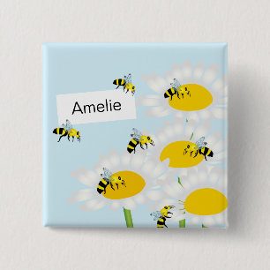 Bee on Flower Square Button - Blue Background