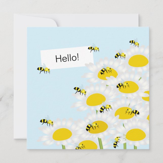 Bee on Flower Square Card - Blue Background (Front)