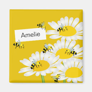 Bee on Flower Square Magnet - Yellow Background
