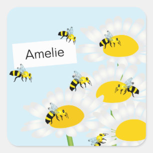 Bee on Flower Square Sticker - Blue Background