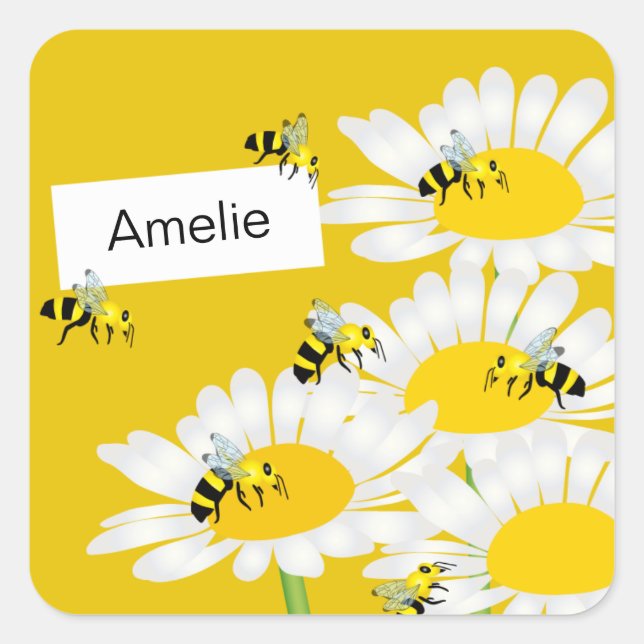 Bee on Flower Square Sticker - Yellow Background (Front)