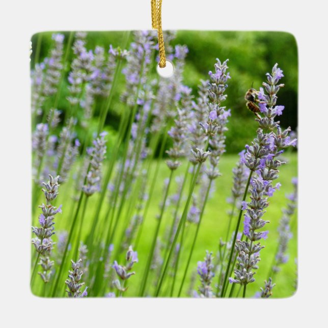 Bee on Lavender Summer Floral Ceramic Ornament (Front)