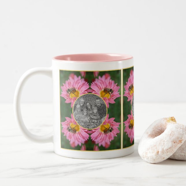 Bee On Pink Daisy Flower Frame Add Your Photo Two-Tone Coffee Mug (With Donut)