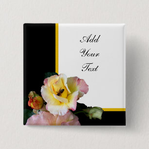 Bee on Pink Yellow Roses Flowers 15 Cm Square Badge