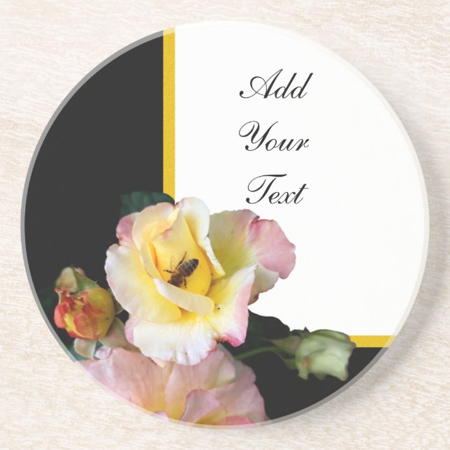 Bee on Pink Yellow Roses Flowers Coaster (Front)
