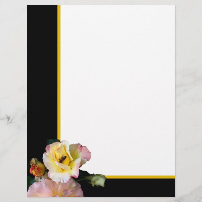 Bee on Pink Yellow Roses Flowers Custom Letterhead (Front)