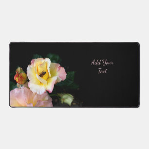 Bee on Pink Yellow Roses Flowers Desk Mat