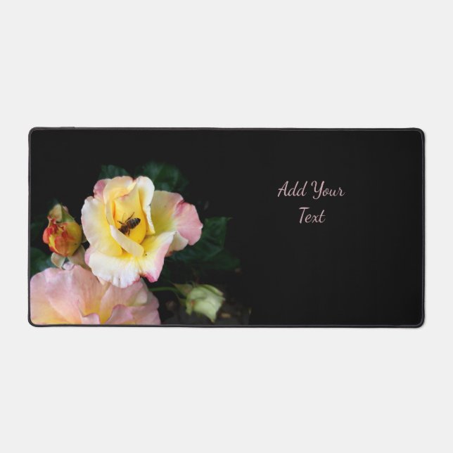 Bee on Pink Yellow Roses Flowers Desk Mat (Front)