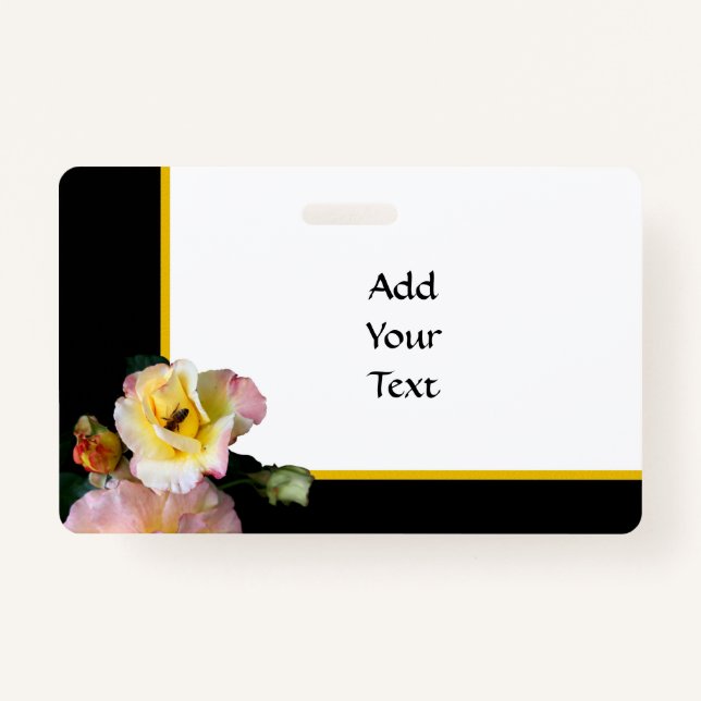 Bee on Pink Yellow Roses Flowers ID Badge (Front)