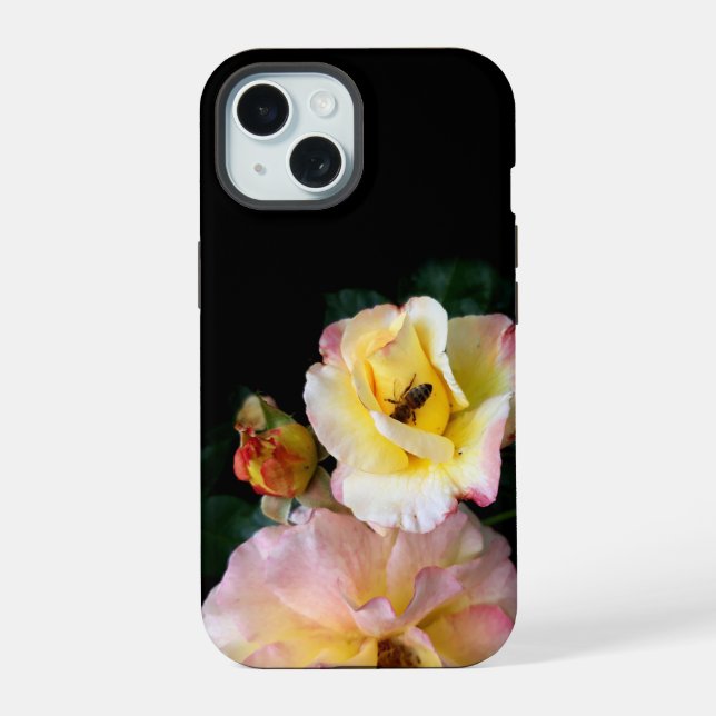  Bee on Pink Yellow Roses Flowers iPhone 15 Case (Back)