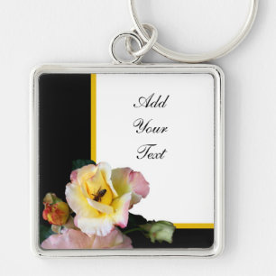 Bee on Pink Yellow Roses Flowers Key Ring