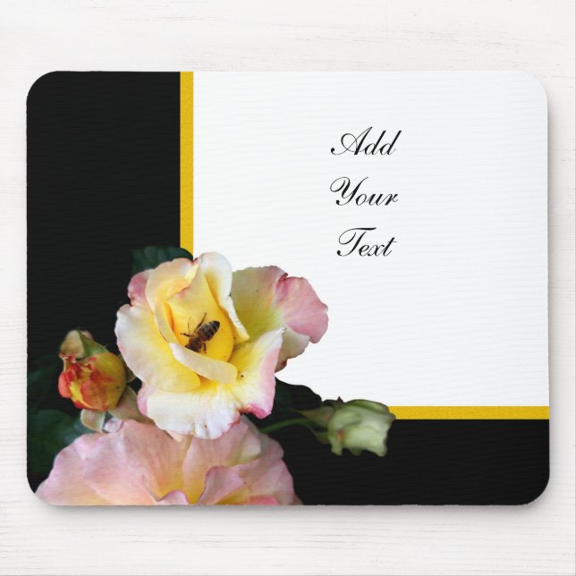 Bee on Pink Yellow Roses Flowers Mouse Mat (Front)