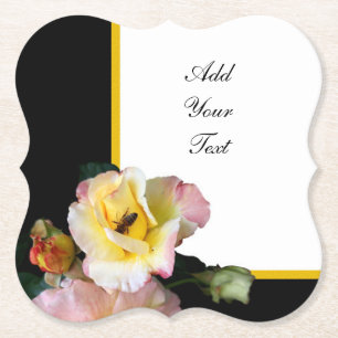 Bee on Pink Yellow Roses Flowers Paper Coaster