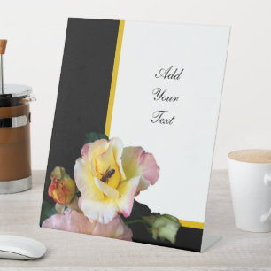 Bee on Pink Yellow Roses Flowers Pedestal Sign