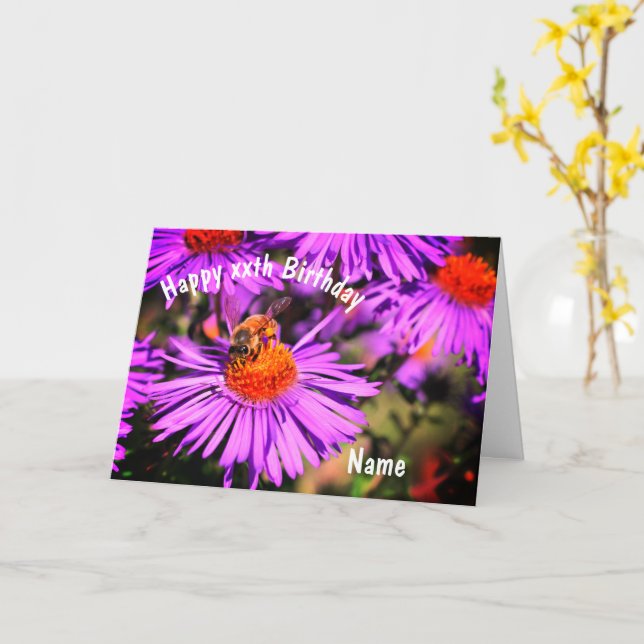 Bee On Purple Aster Flower Personalised Birthday  Card (Yellow Flower)