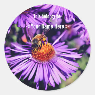Bee On Purple Aster Flower Personalised ID  Classic Round Sticker