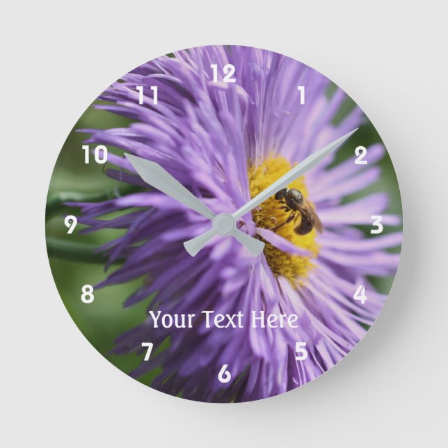 Bee On Purple Daisy Flower Round Clock (Front)