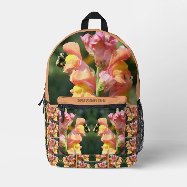 Bee On Snapdragon Flower Printed Backpack (Front)