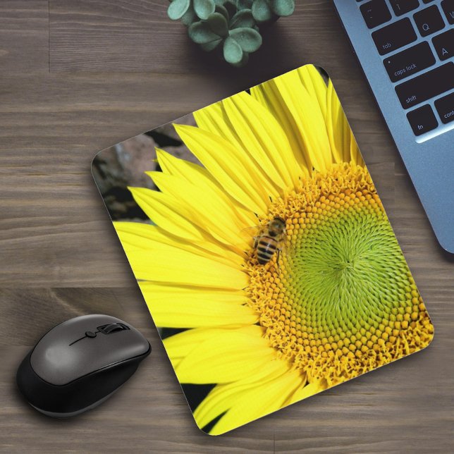 Bee On Sunflower Close Up Photograph Mouse Mat (Creator Uploaded)