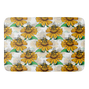 Bee on Sunflower Flower Pattern Design Bath Mat