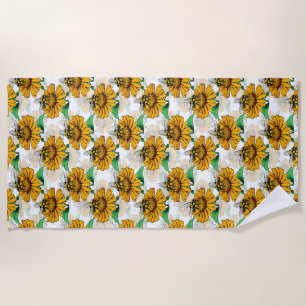 Bee on Sunflower Flower Pattern Design Beach Towel