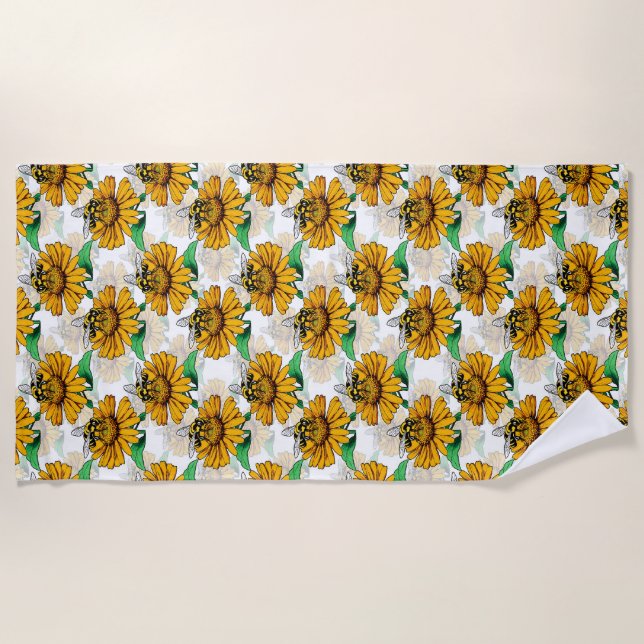 Bee on Sunflower Flower Pattern Design  Beach Towel (Front)