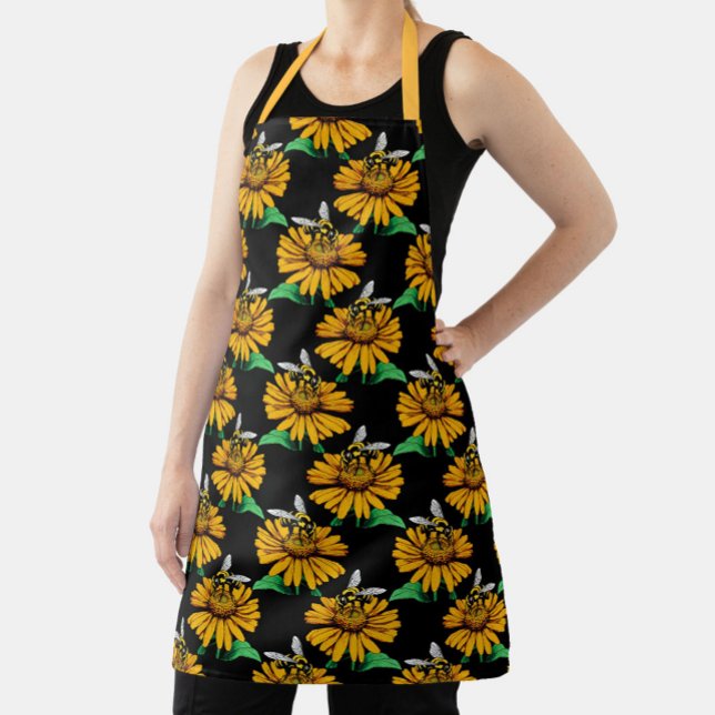 Bee on Sunflower Flower Pattern Design Black  Apron (Creator Uploaded)