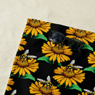 Bee on Sunflower Flower Pattern Design Black Beach Towel