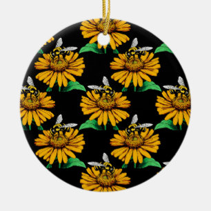 Bee on Sunflower Flower Pattern Design Black Ceramic Tree Decoration