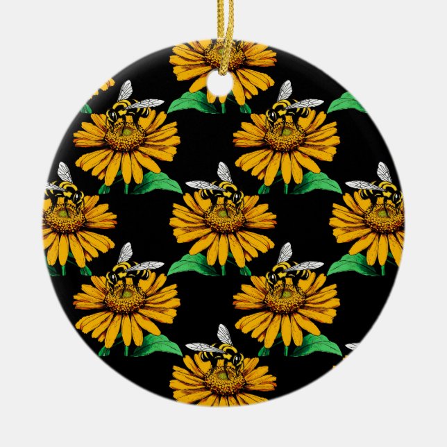 Bee on Sunflower Flower Pattern Design Black  Ceramic Tree Decoration (Front)