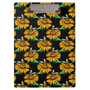 Bee on Sunflower Flower Pattern Design Black Clipboard