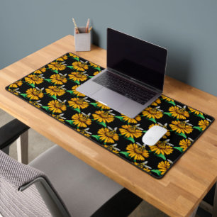 Bee on Sunflower Flower Pattern Design Black Desk Mat