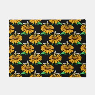 Bee on Sunflower Flower Pattern Design Black Doormat