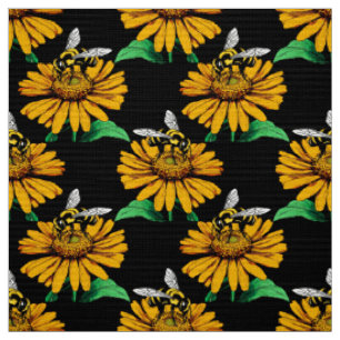 Bee on Sunflower Flower Pattern Design Black Fabric