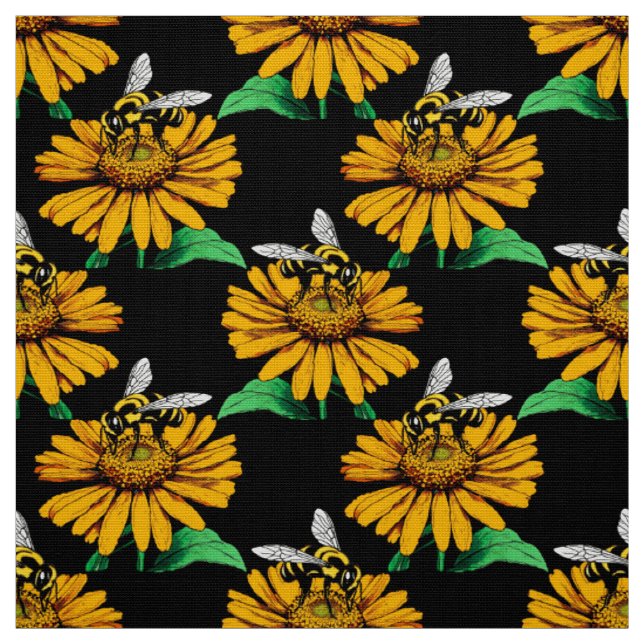 Bee on Sunflower Flower Pattern Design Black  Fabric (Swatch)