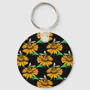 Bee on Sunflower Flower Pattern Design Black  Key Ring