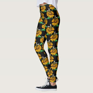 Bee on Sunflower Flower Pattern Design Black  Leggings