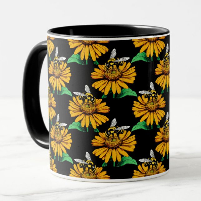 Bee on Sunflower Flower Pattern Design Black  Mug (Creator Uploaded)