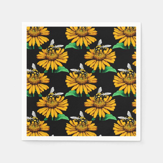 Bee on Sunflower Flower Pattern Design Black  Napkin (Front)