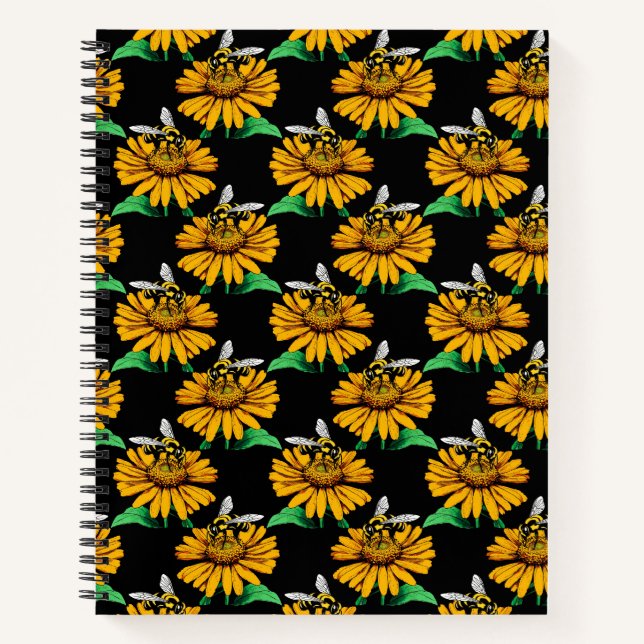 Bee on Sunflower Flower Pattern Design Black  Notebook (Front)